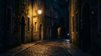 Narrow cobblestone street at night with warm streetlight illuminating historic stone buildings and archway creating atmospheric medieval alley scene.