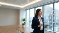 Professional businesswoman in navy suit standing by office windows overlooking city skyline, holding tablet in modern corporate meeting room.