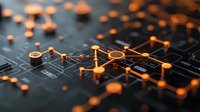 Orange glowing network nodes interconnected on dark circuit board surface, representing digital connectivity and data transmission in modern technology.