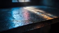 Wet asphalt road surface with colorful light reflections creating abstract patterns on dark pavement after rain for urban transportation backgrounds.
