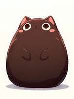 Round brown cat with big eyes and pink cheeks in kawaii style on white background, isolated character for stickers, prints and children designs.
