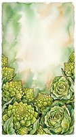 Watercolor botanical frame with green succulents and flowering plants arranged at bottom border, featuring aeonium and sedum varieties on aged cream background with soft green washes. Suitable for invitations, greeting cards, and floral design projects.