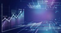 Futuristic digital technology background with glowing neon grid lines and data visualization charts in purple and blue gradient colors for business presentations.