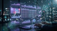Business analytics dashboard with financial charts and data visualization on computer screen for market analysis and investment decisions.