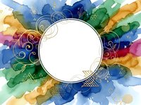 Watercolor rainbow burst with white circle frame and decorative elements for creative design projects and artistic presentations.