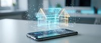 Smart home technology concept with holographic house models floating above smartphone screen displaying connected IoT devices and digital network interface.