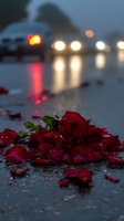 Red roses with scattered petals on wet pavement at dusk, blurred car headlights in background, romantic evening scene for love and loss concepts.
