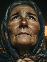 Close-up portrait of elderly woman with weathered skin, blue eyes, and blue headscarf gazing upward with wisdom and life experience etched in her face.