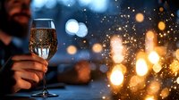 Sparkling wine glass held against blurred bokeh lights creating magical evening atmosphere with golden glowing particles and festive mood.
