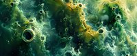 Abstract fluid art in deep emerald green and gold tones with organic bubble formations and swirling patterns creates cosmic underwater atmosphere.