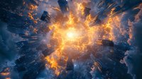 Dramatic cosmic explosion with glowing orange energy burst and floating debris against dark space background, creating dynamic sci-fi atmosphere.