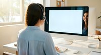 Professional woman with headset conducting video conference call on desktop computer in modern office workspace for remote work communication.