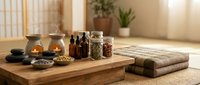 Spa wellness setup with essential oil bottles, herbs, candles and massage stones on wooden table. Natural aromatherapy and holistic healing concept.