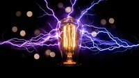 Vintage Edison bulb with dramatic purple lightning bolts and electrical energy sparks on dark background with bokeh lights for creative design.