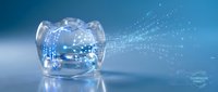 Transparent dental crown with digital particles flowing outward representing modern dentistry technology and oral health innovation on blue gradient background.
