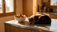 Tabby cat resting on white marble countertop next to bowl of garlic and onions in warm kitchen with natural sunlight for culinary and pet lifestyle content.