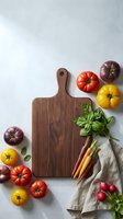 Wooden cutting board surrounded by fresh colorful heirloom tomatoes, basil herbs, carrots and radishes on marble surface for cooking preparation.