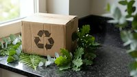 Eco-friendly cardboard box with recycling symbol surrounded by fresh green plants on dark surface near bright window for sustainable packaging concept.