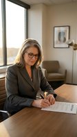Professional mature Caucasian businesswoman with glasses signing contract documents at wooden desk in modern office with natural window lighting.