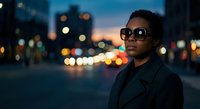Young African American man in sunglasses standing confidently on city street at dusk with blurred traffic lights and urban bokeh background.