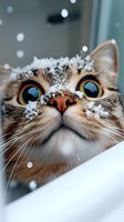 Close-up portrait of curious cat with snow flakes on nose and fur, bright blue eyes looking up. Fluffy feline face showing wonder at winter weather.