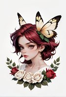 Young woman with burgundy hair and butterfly wings, surrounded by cream and red roses with green foliage on white background, fantasy portrait illustration.
