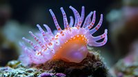 Vibrant pink sea slug with delicate purple tentacles on coral reef, macro underwater photography showing detailed marine life in natural habitat.
