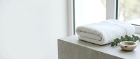 Rolled white towels stacked on concrete windowsill with green plant and ceramic bowl, bright natural light from window, minimalist bathroom or spa interior design.