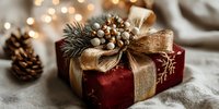 Elegant Christmas gift box wrapped in burgundy velvet with golden ribbon, pine cone and fir branch decoration on cozy textile background with warm bokeh lights.