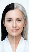 Split portrait showing aging process transformation from young brunette to mature silver-haired woman in white shirt against neutral background.