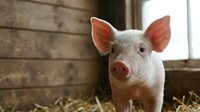 Young pink piglet with upright ears standing in straw bedding inside rustic wooden barn, suitable for agriculture, farming, and livestock industry content.