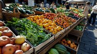 Fresh produce display at farmers market with colorful fruits and vegetables in wooden crates, including oranges, tomatoes, leafy greens, and apples arranged in rows.