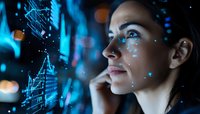 Young Caucasian woman looking at futuristic interface with glowing data visualization, facial recognition points and blue digital elements in dark environment.
