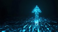 Glowing blue digital arrow emerges from binary matrix surface, symbolizing technological growth, advancement and upward business trajectory in dark space.
