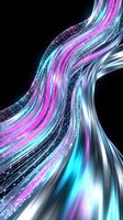 Abstract flowing ribbons with neon pink cyan and silver colors on black background. Digital wave streams with glittering particles for modern tech designs.