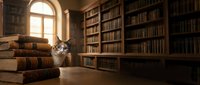 Curious tabby cat sitting among old books in vintage library with wooden shelves and warm sunlight streaming through arched window creating cozy reading atmosphere.