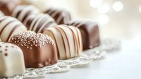 Assorted luxury chocolate pralines with white and dark chocolate drizzle and silver sugar pearls on bright background with bokeh lights and copy space.
