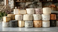 Artisanal cheese wheels and blocks arranged on rustic wooden surface in traditional stone cellar setting for gourmet food photography and culinary design.