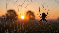 Spider silhouette on dewdrop-covered web at golden sunrise. Nature photography showcasing intricate web patterns against warm morning light backdrop.