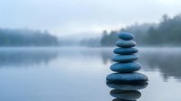 Zen stone stack balanced on calm lake water with misty forest background creating peaceful meditation and mindfulness atmosphere for wellness concepts.