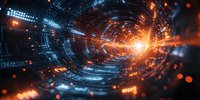 Abstract digital tunnel with glowing orange light burst and blue technology grid pattern, dynamic perspective view creating futuristic cyber space atmosphere.