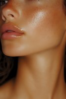 Close-up of Asian woman's face showing glossy coral lips, glowing skin, and elegant neck profile against dark background, highlighting natural beauty and skincare.