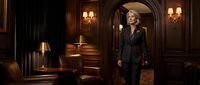 Professional blonde businesswoman in elegant suit standing confidently in luxurious office interior with warm lighting and classic furniture.