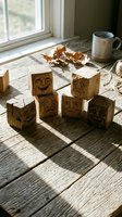 Wooden emotion blocks with carved faces on rustic table by window. Handcrafted educational toys for emotional learning and development in warm natural light.