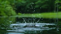 Water drop splash creating crown shape with multiple droplets against dark green nature background, captured with high speed photography in forest pond.