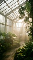 Sunlit greenhouse interior with tropical plants and palm leaves creating peaceful botanical garden atmosphere for wellness and nature concepts.