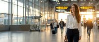 Professional businesswoman walking through modern airport terminal during golden hour with travelers and departure signs in background.