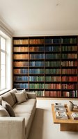 Modern home library interior with floor-to-ceiling bookshelf filled with colorful books, comfortable beige sofa and wooden coffee table for reading.