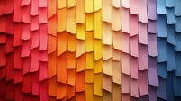 Colorful overlapping paper strips create dynamic rainbow gradient pattern with shadows and depth. Abstract geometric background shows vibrant spectrum transition.