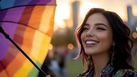 Young woman with bright smile holding rainbow umbrella at sunset, expressing joy and happiness during pride celebration in urban park setting.
